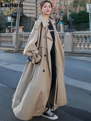 Spring Autumn Extra Long Flowy Oversized Casual Belt Double Breasted Loose Korean Fashion 2024 Stylish Coat