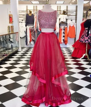 Two Pieces Sequin Round Neck Tulle Long Red Prom Dresses Red Evening Dresses