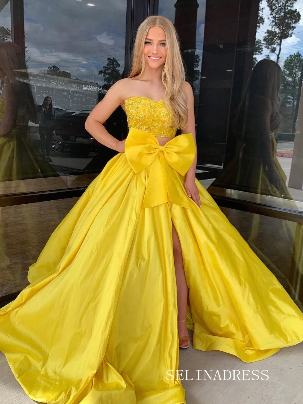 Two Pieces Yellow Lace Long Prom Dress With Big Bow Evening Dresses sew1006