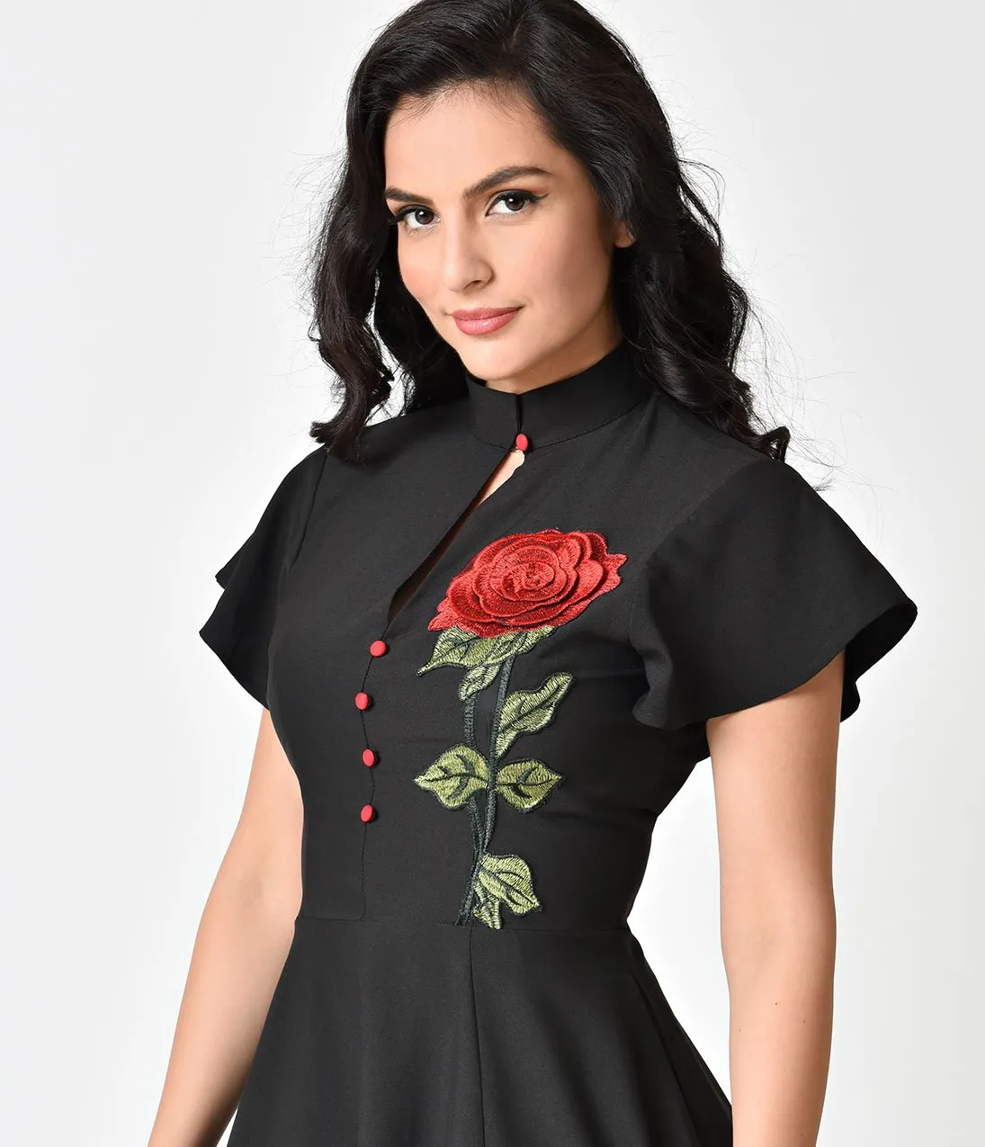 Unique Vintage 1950s Black & Embroidered Red Rose Baltimore Swing Dress