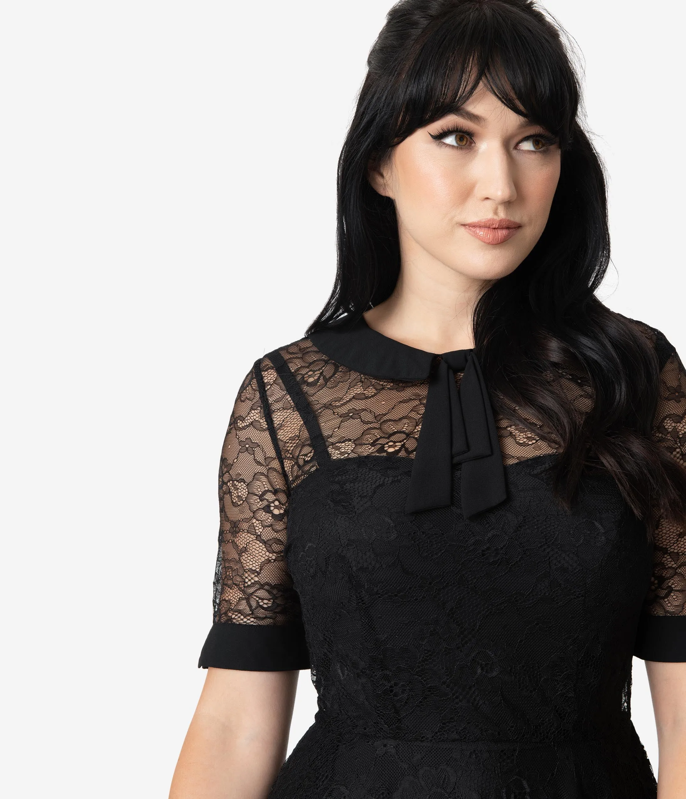 Unique Vintage 1950s Black Lace Sleeved Patti Swing Dress