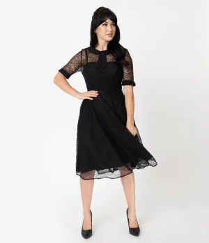 Unique Vintage 1950s Black Lace Sleeved Patti Swing Dress