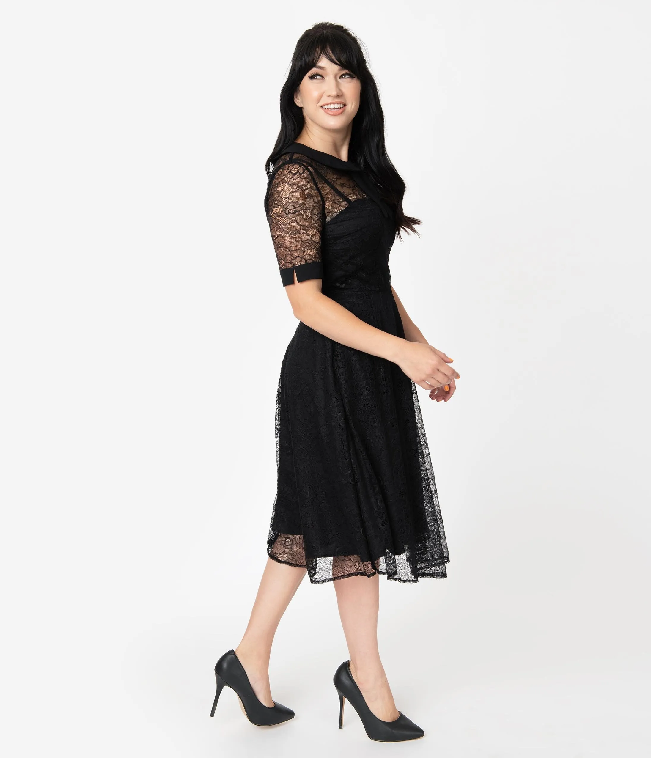 Unique Vintage 1950s Black Lace Sleeved Patti Swing Dress