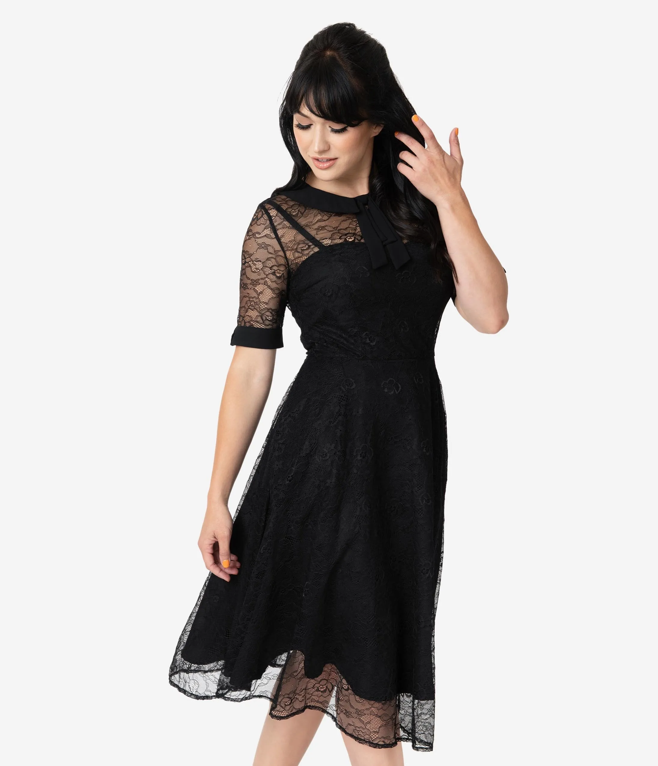 Unique Vintage 1950s Black Lace Sleeved Patti Swing Dress