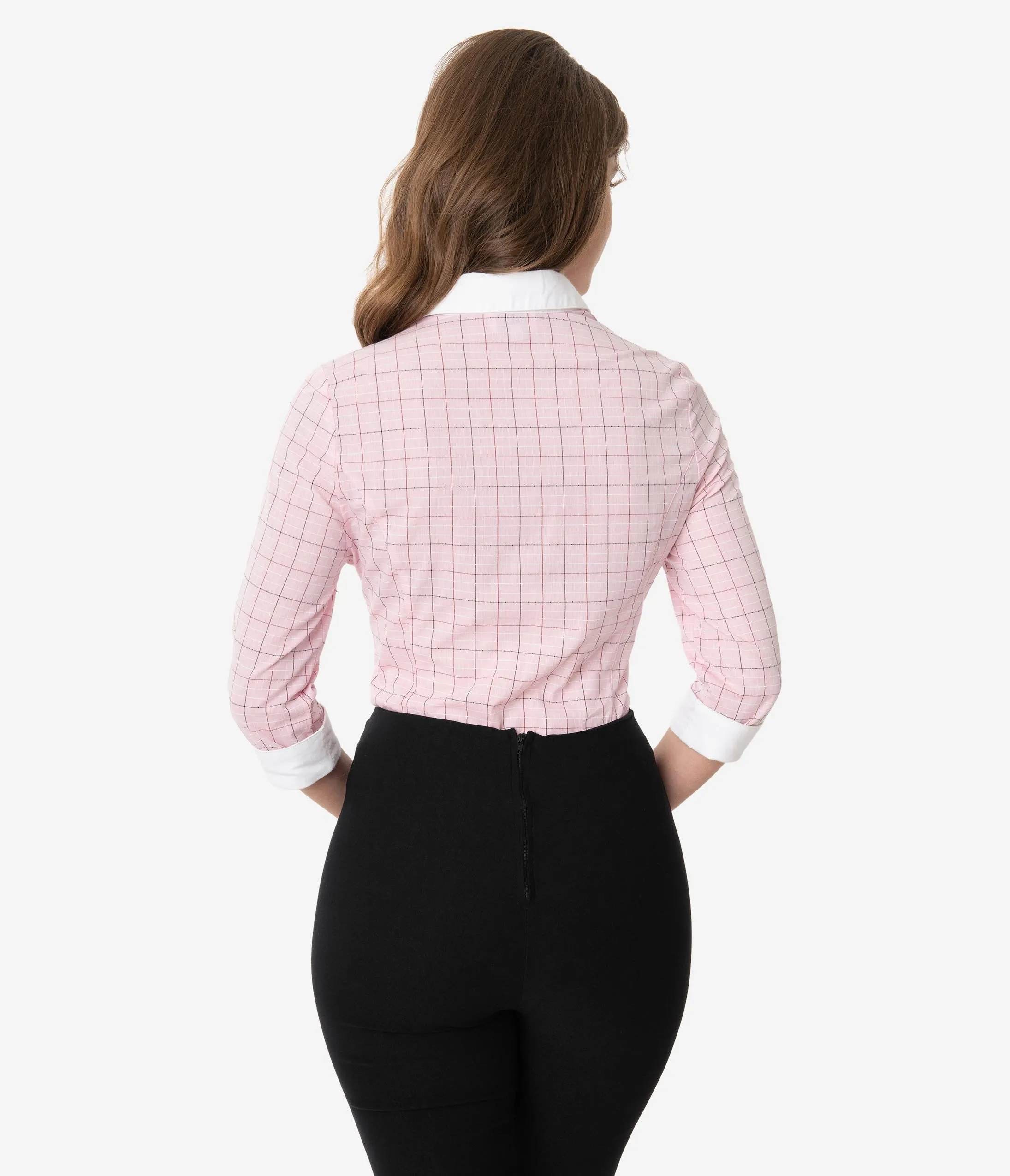 Unique Vintage 1950s Light Pink Windowpane Birdie Blouse