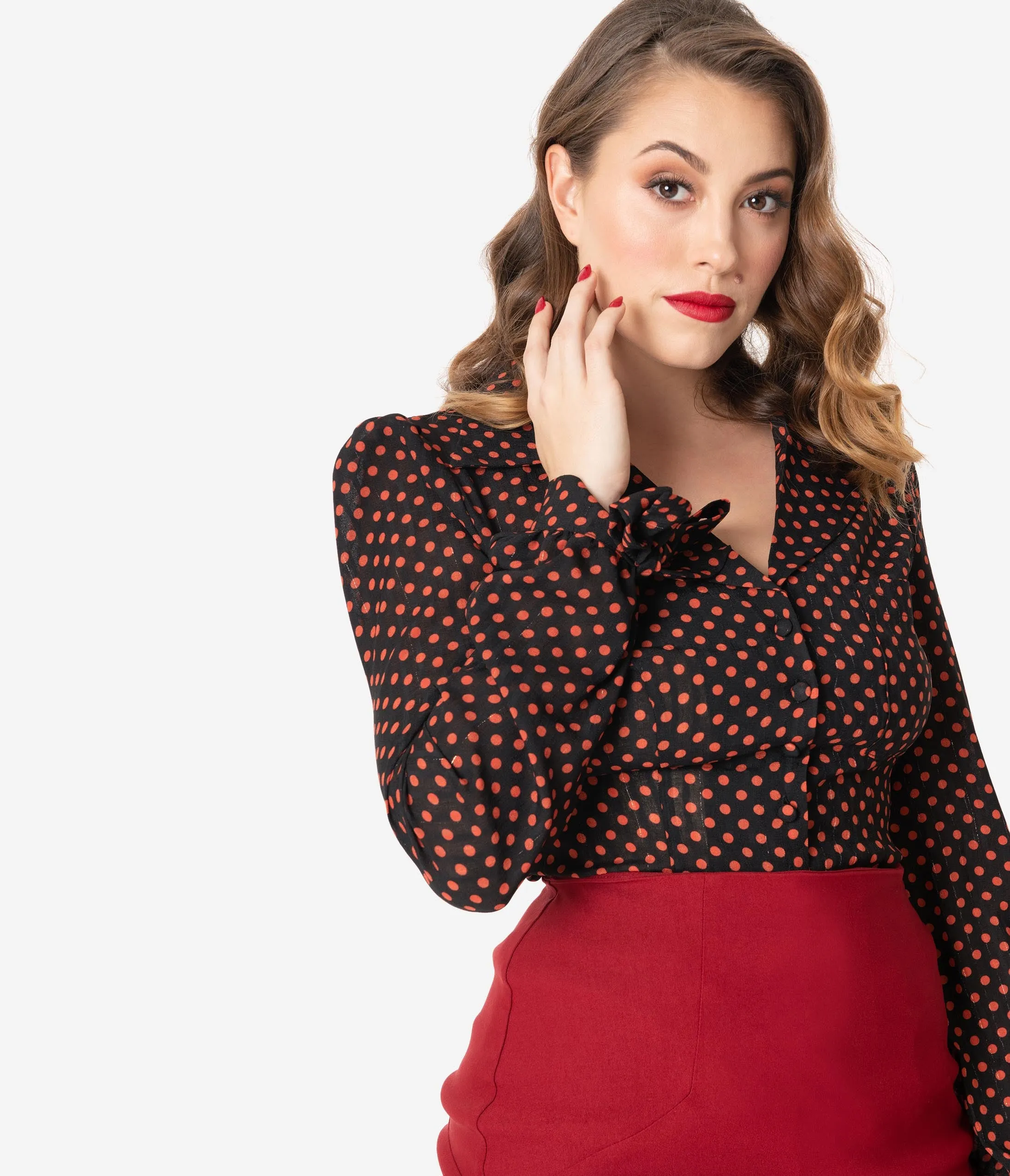 Unique Vintage 1950s Style Black & Rust Polka Dot Izzy Blouse