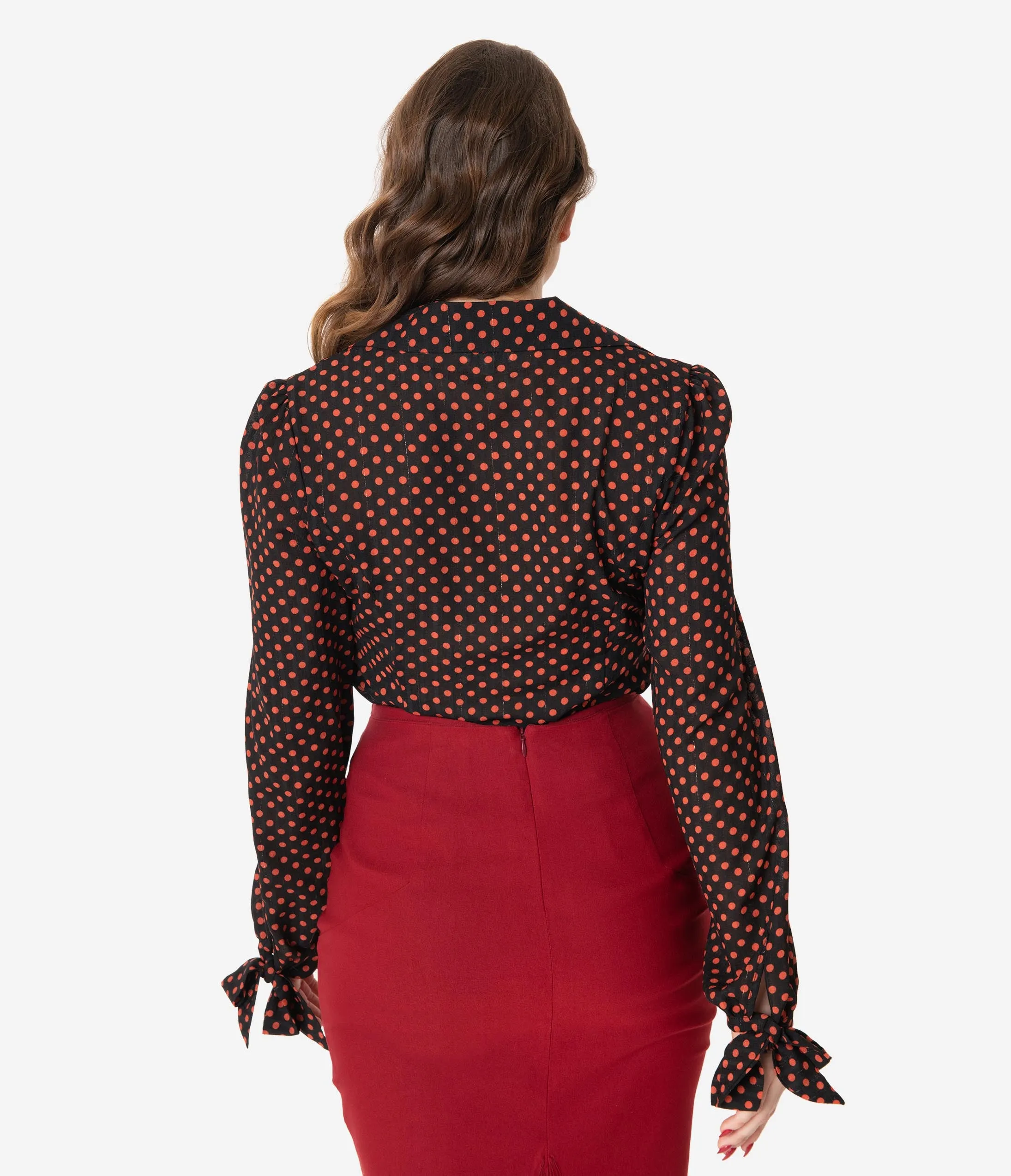 Unique Vintage 1950s Style Black & Rust Polka Dot Izzy Blouse