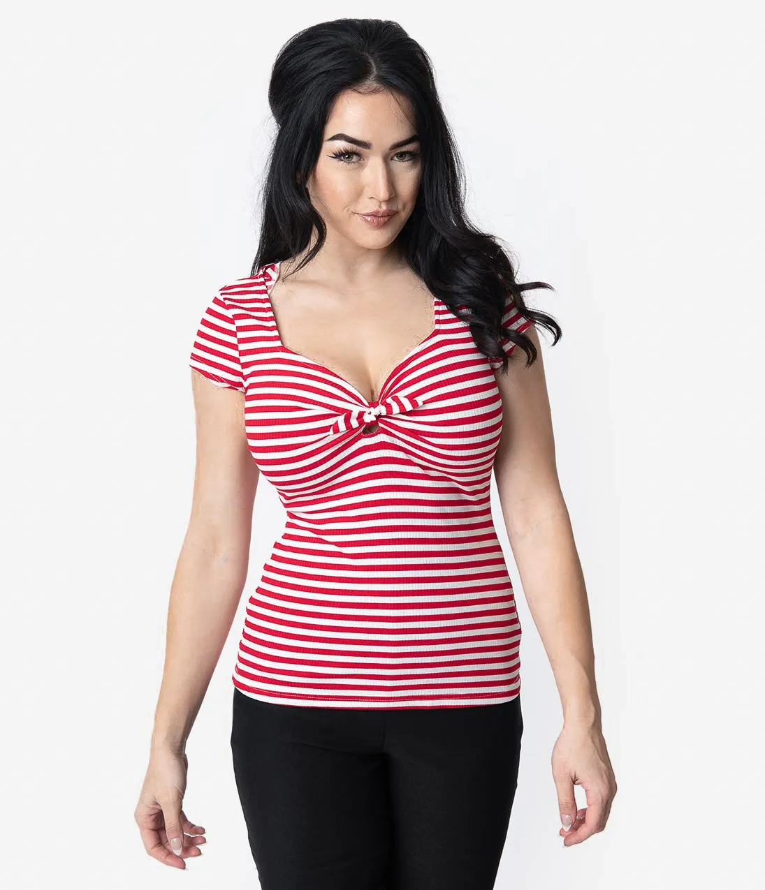 Unique Vintage 1950s Style Red & White Stripe Knit Sweetheart Rosemary Top