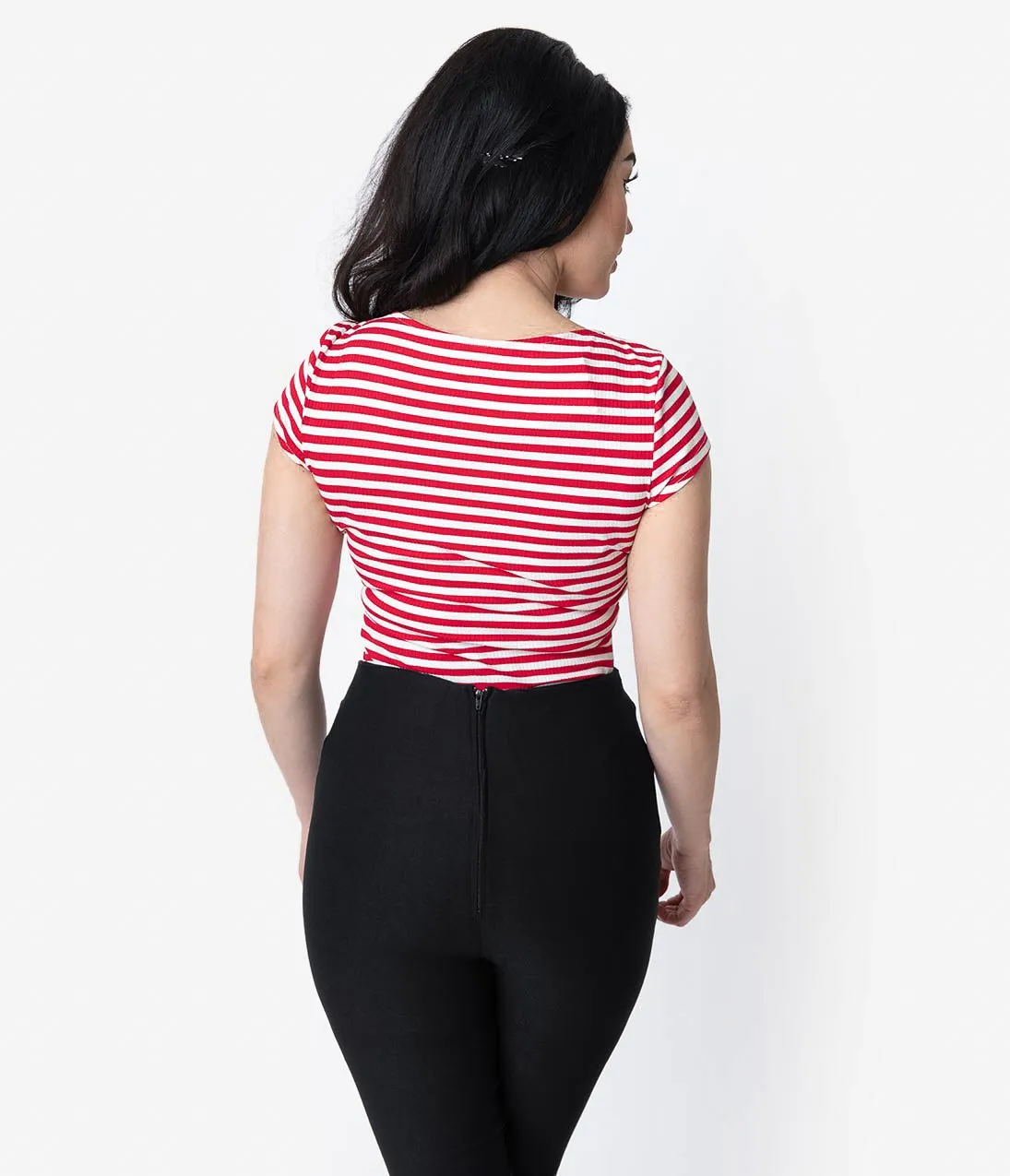 Unique Vintage 1950s Style Red & White Stripe Knit Sweetheart Rosemary Top