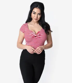 Unique Vintage 1950s Style Red & White Stripe Knit Sweetheart Rosemary Top