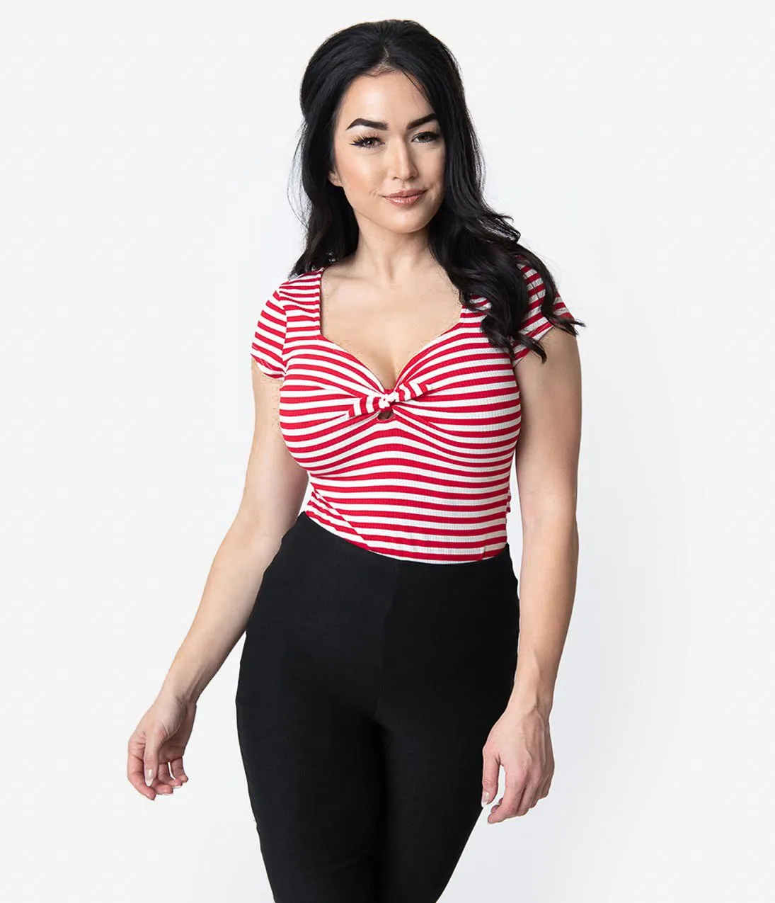 Unique Vintage 1950s Style Red & White Stripe Knit Sweetheart Rosemary Top