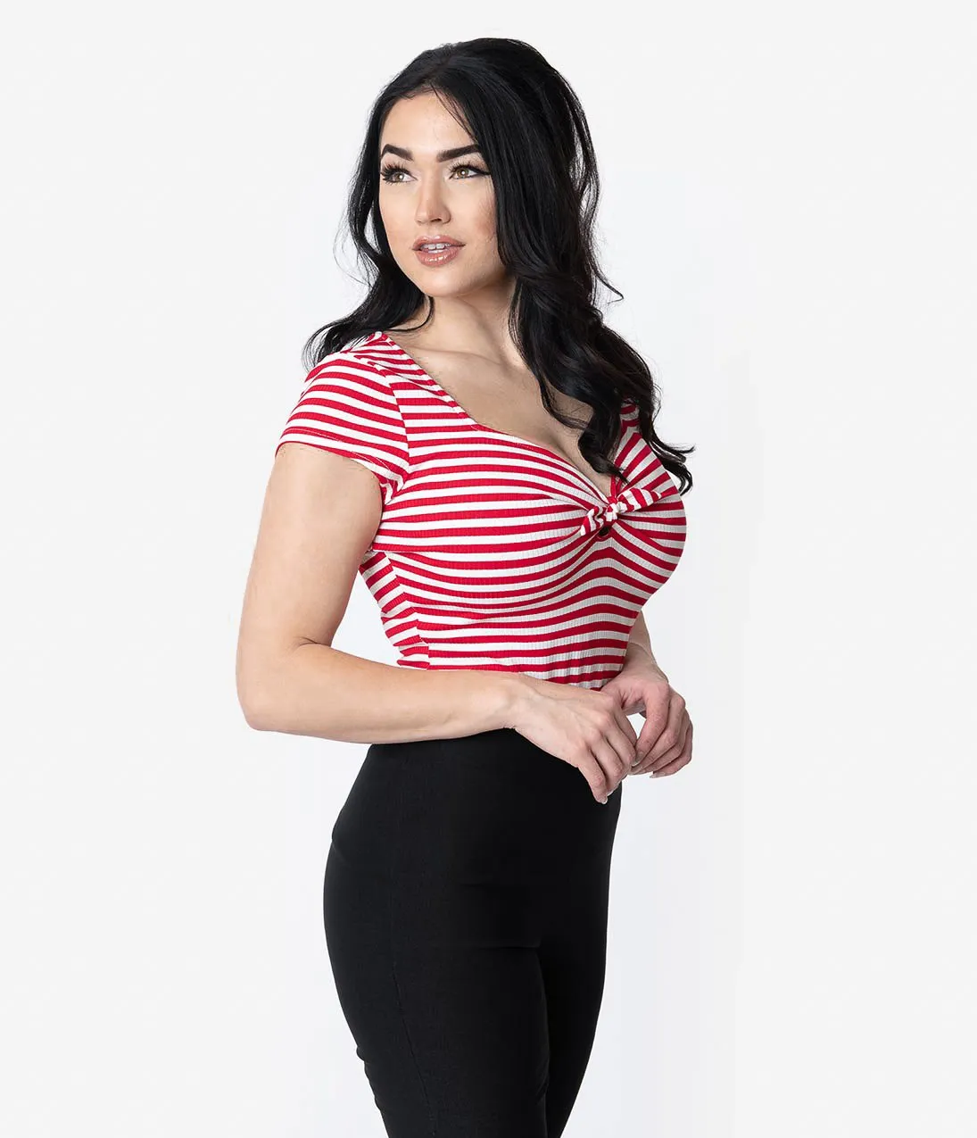 Unique Vintage 1950s Style Red & White Stripe Knit Sweetheart Rosemary Top