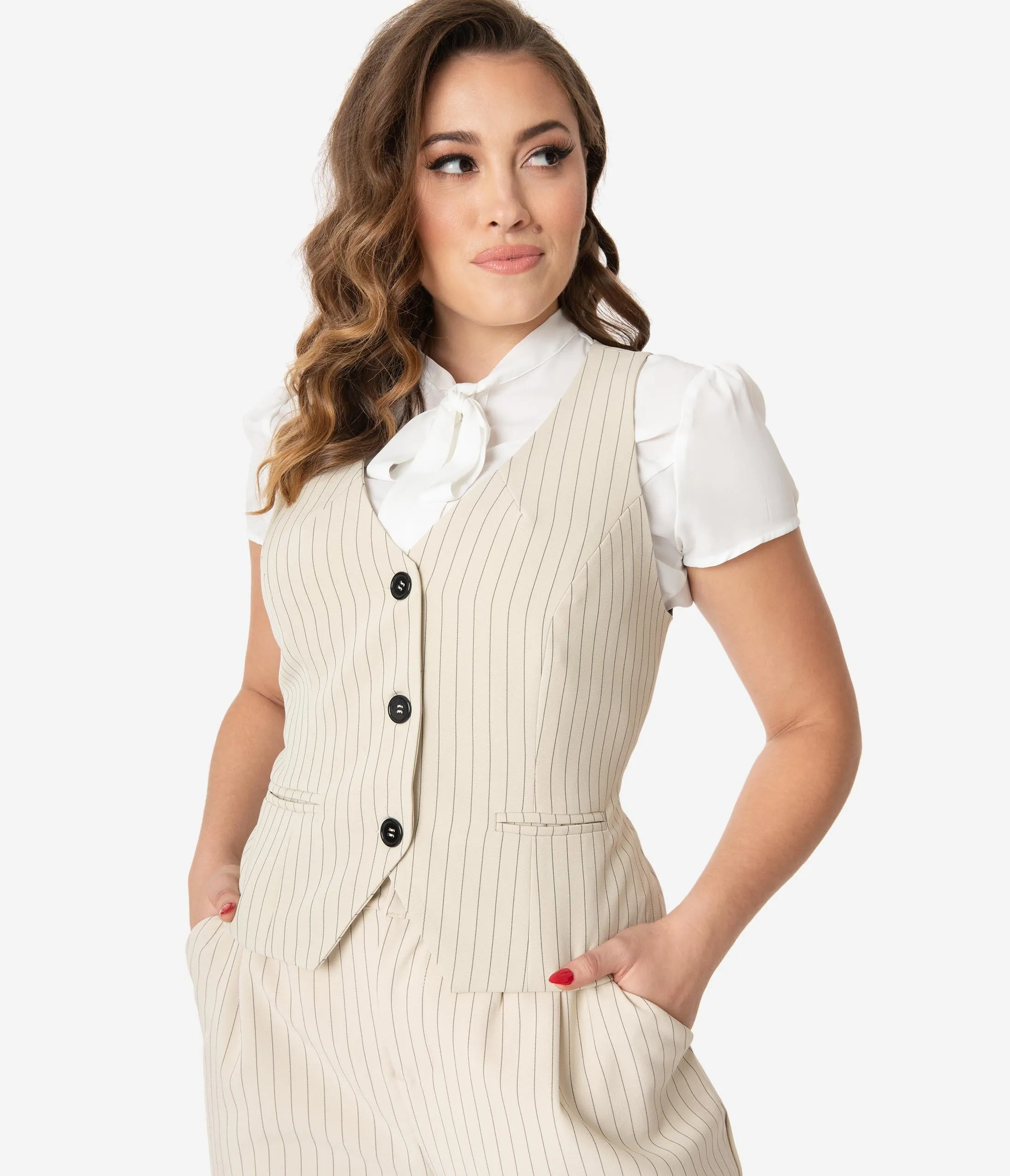 Unique Vintage Cream & Black Pinstripe Keaton Vest