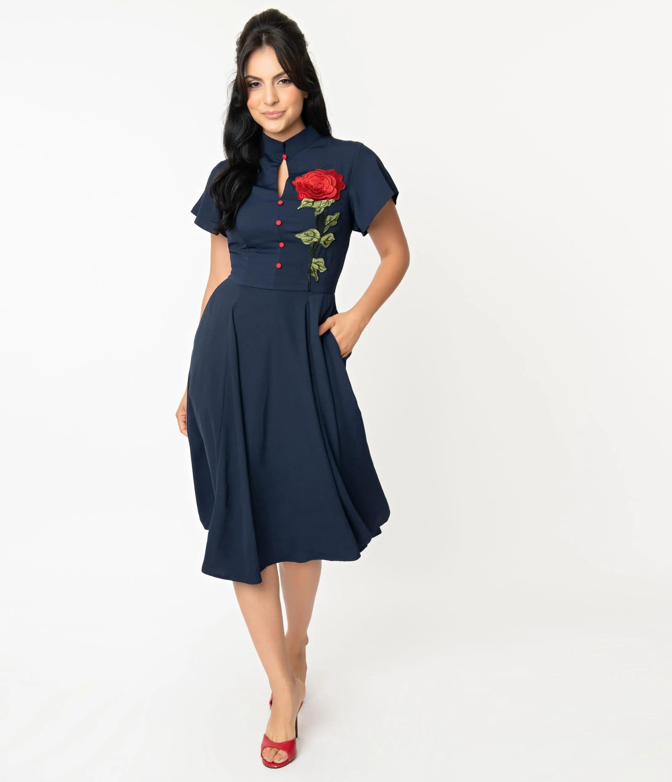 Unique Vintage Navy & Embroidered Red Rose Baltimore Swing Dress