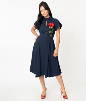 Unique Vintage Navy & Embroidered Red Rose Baltimore Swing Dress