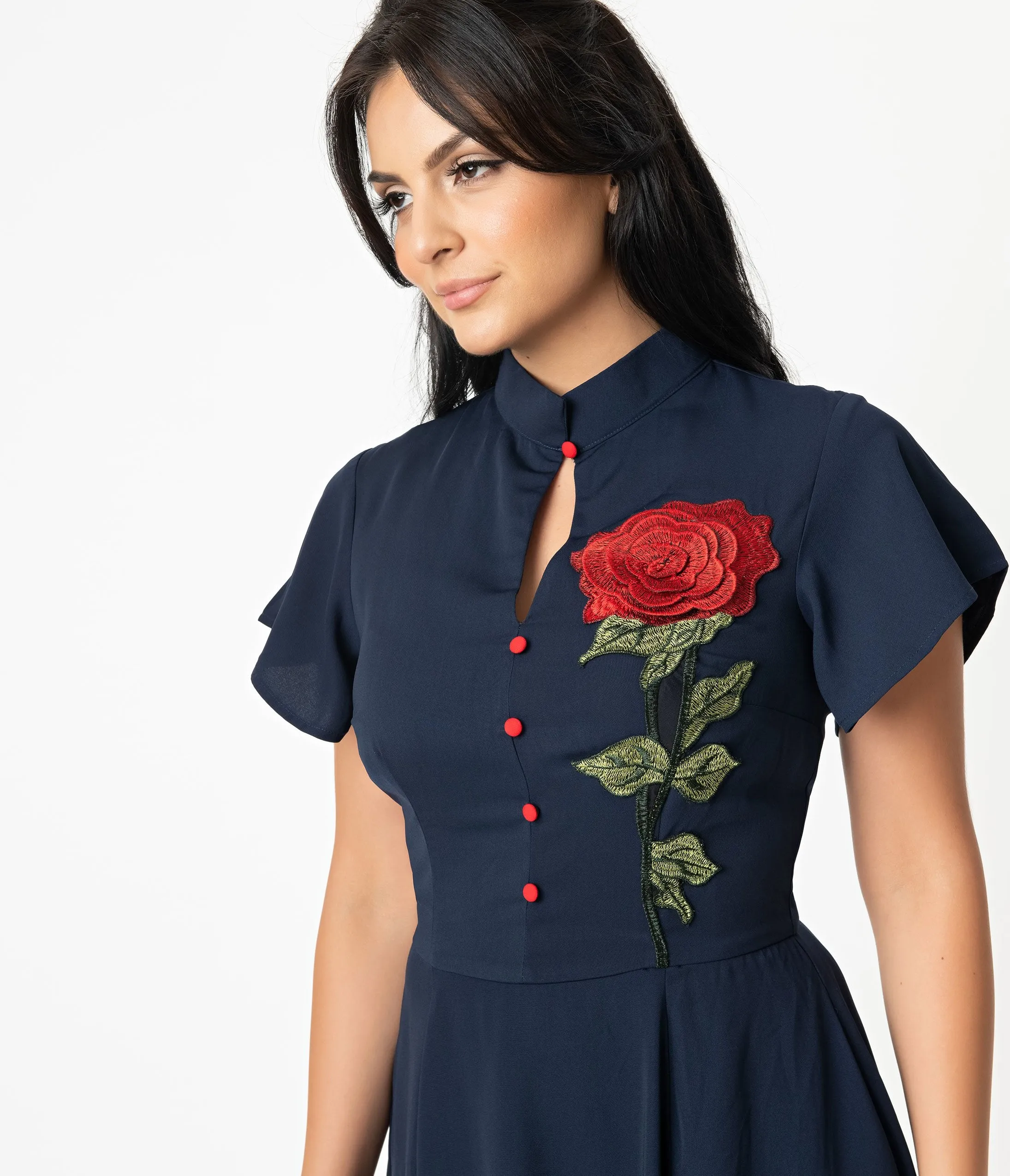 Unique Vintage Navy & Embroidered Red Rose Baltimore Swing Dress