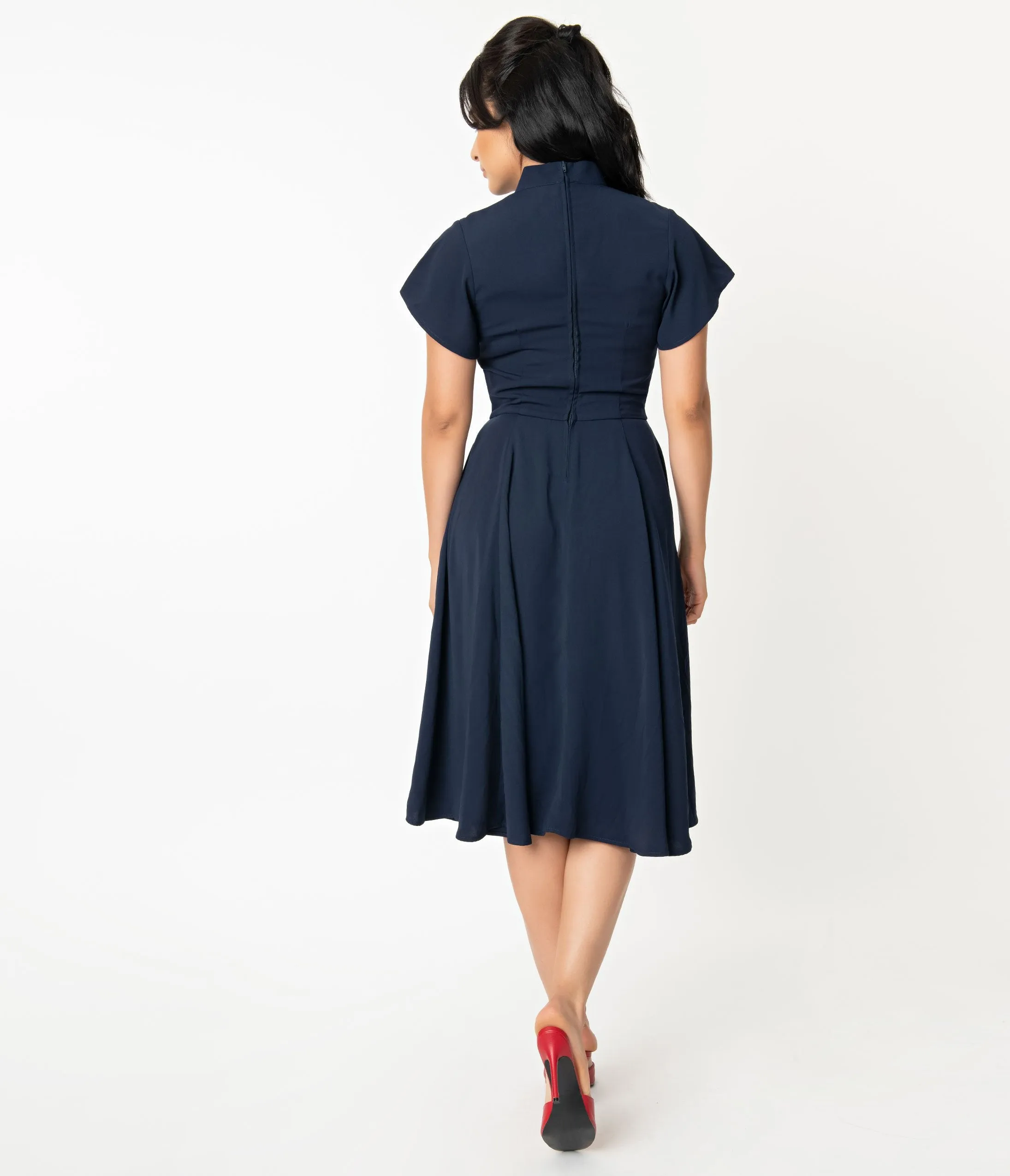 Unique Vintage Navy & Embroidered Red Rose Baltimore Swing Dress