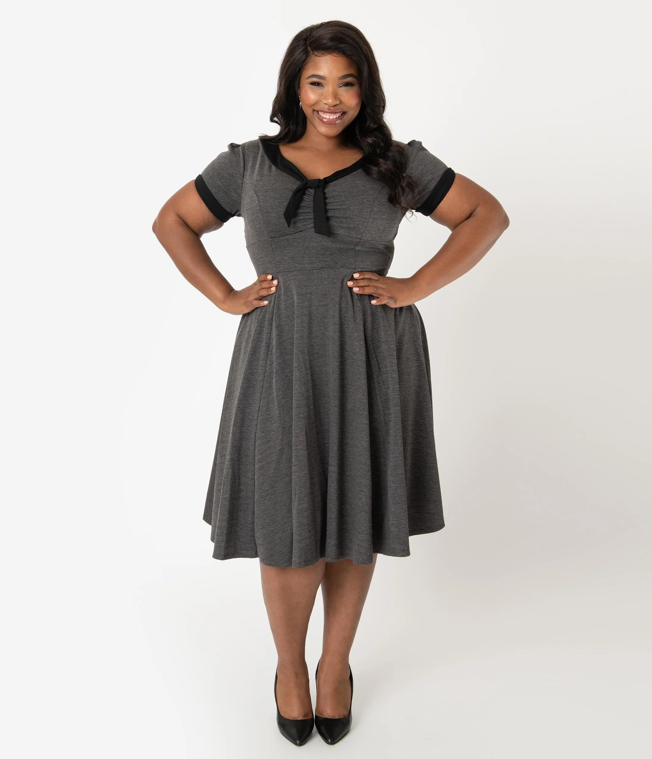 Unique Vintage Plus Size 1940s Style Grey & Black Natalie Swing Dress