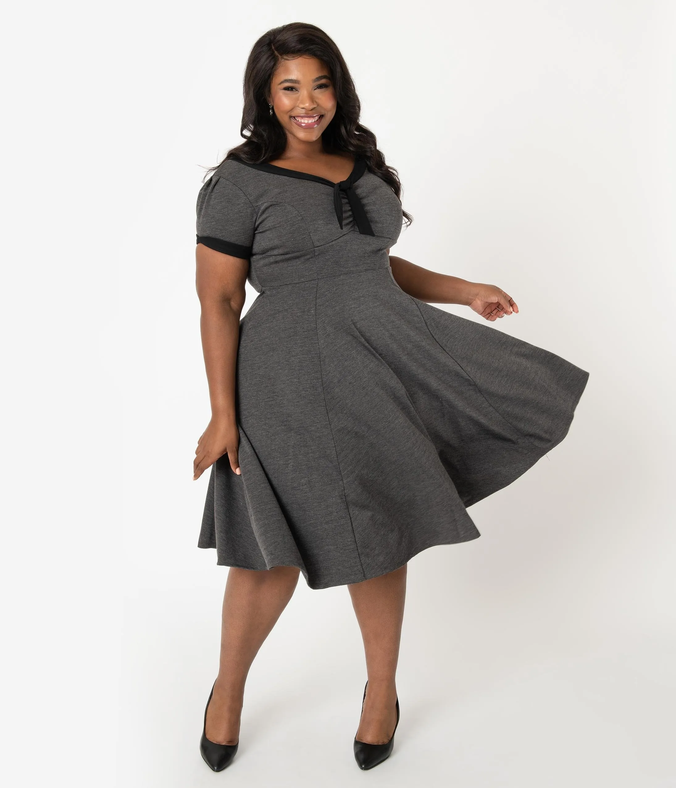 Unique Vintage Plus Size 1940s Style Grey & Black Natalie Swing Dress