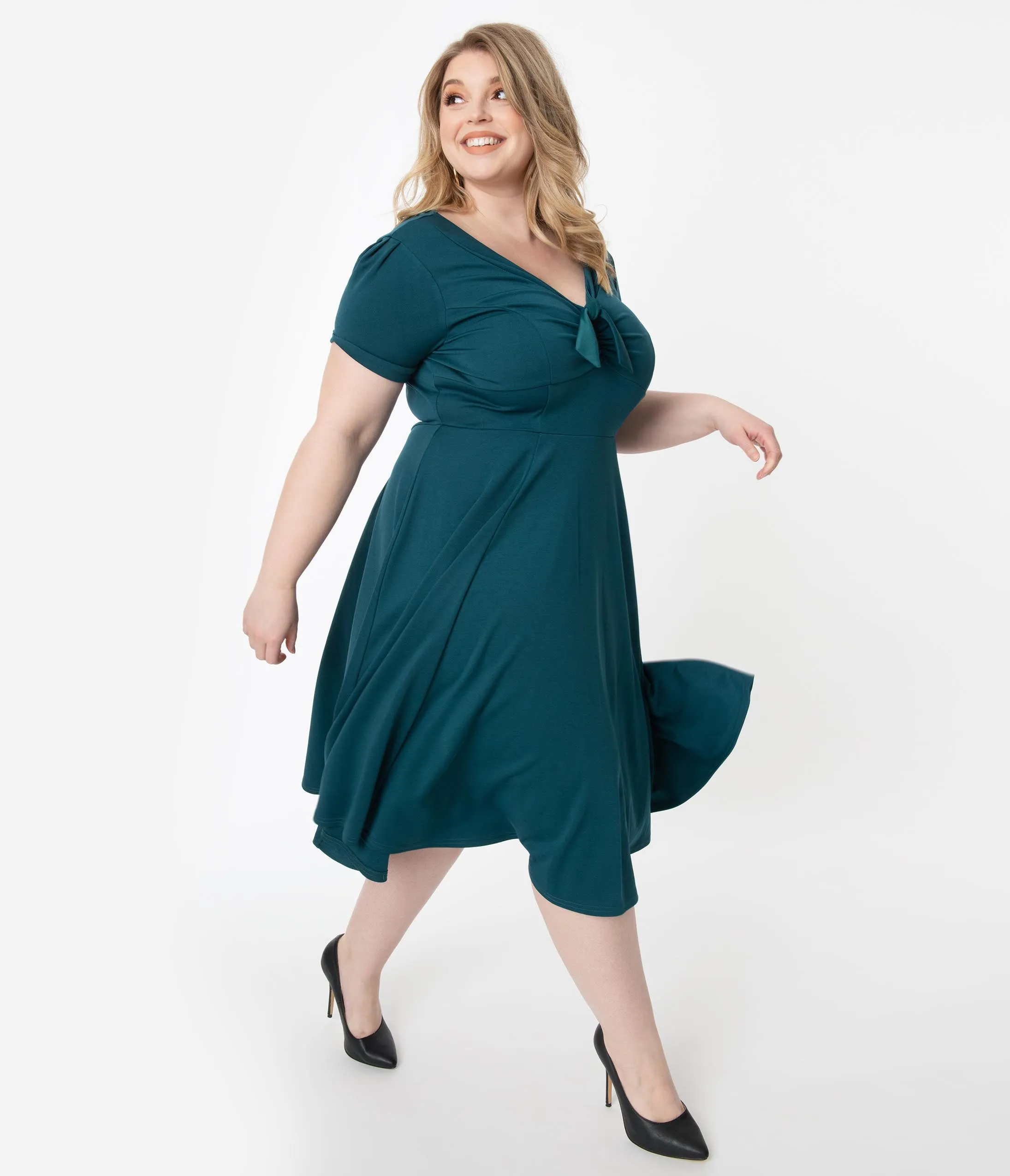 Unique Vintage Plus Size 1940s Style Teal Natalie Swing Dress