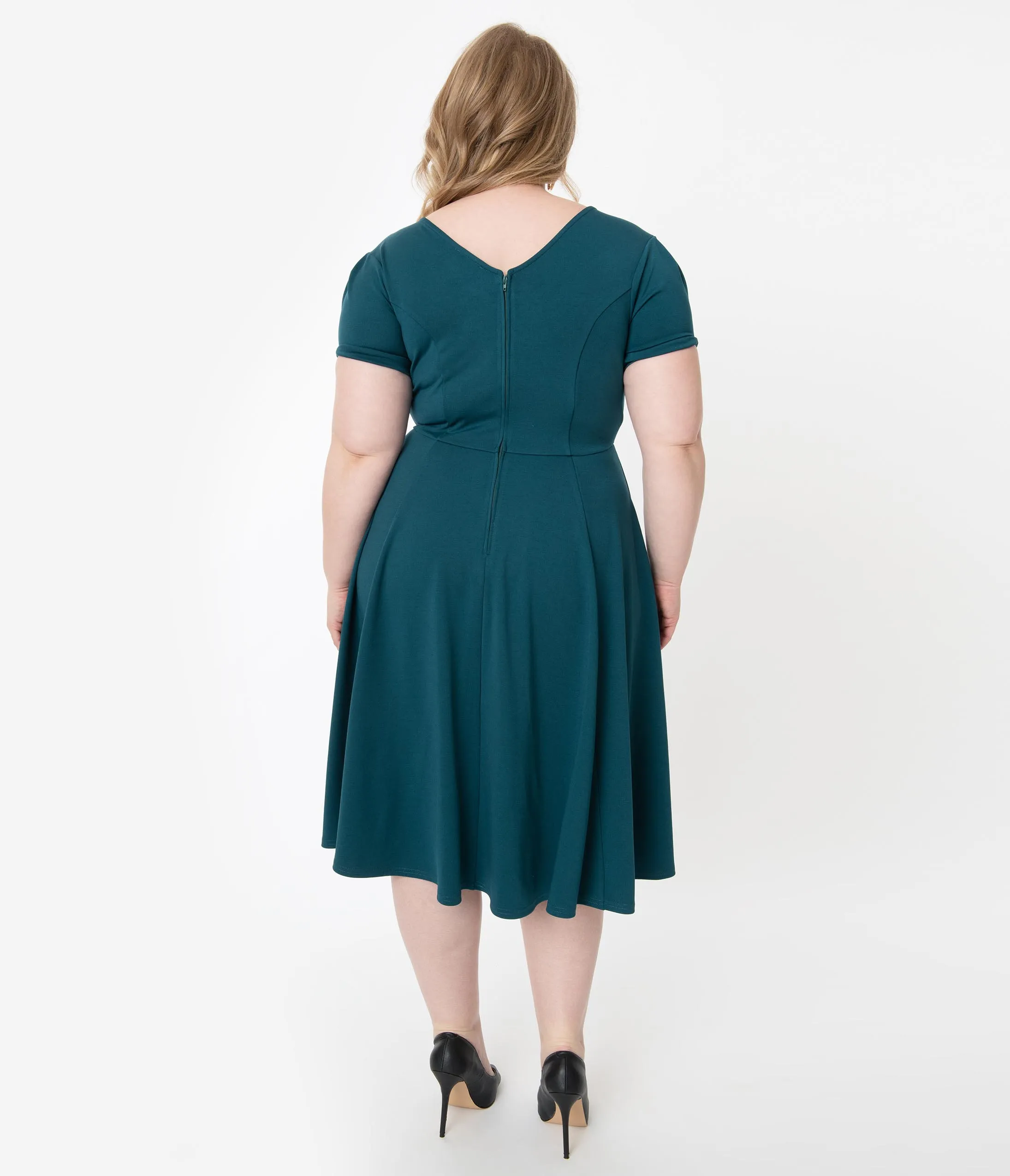 Unique Vintage Plus Size 1940s Style Teal Natalie Swing Dress