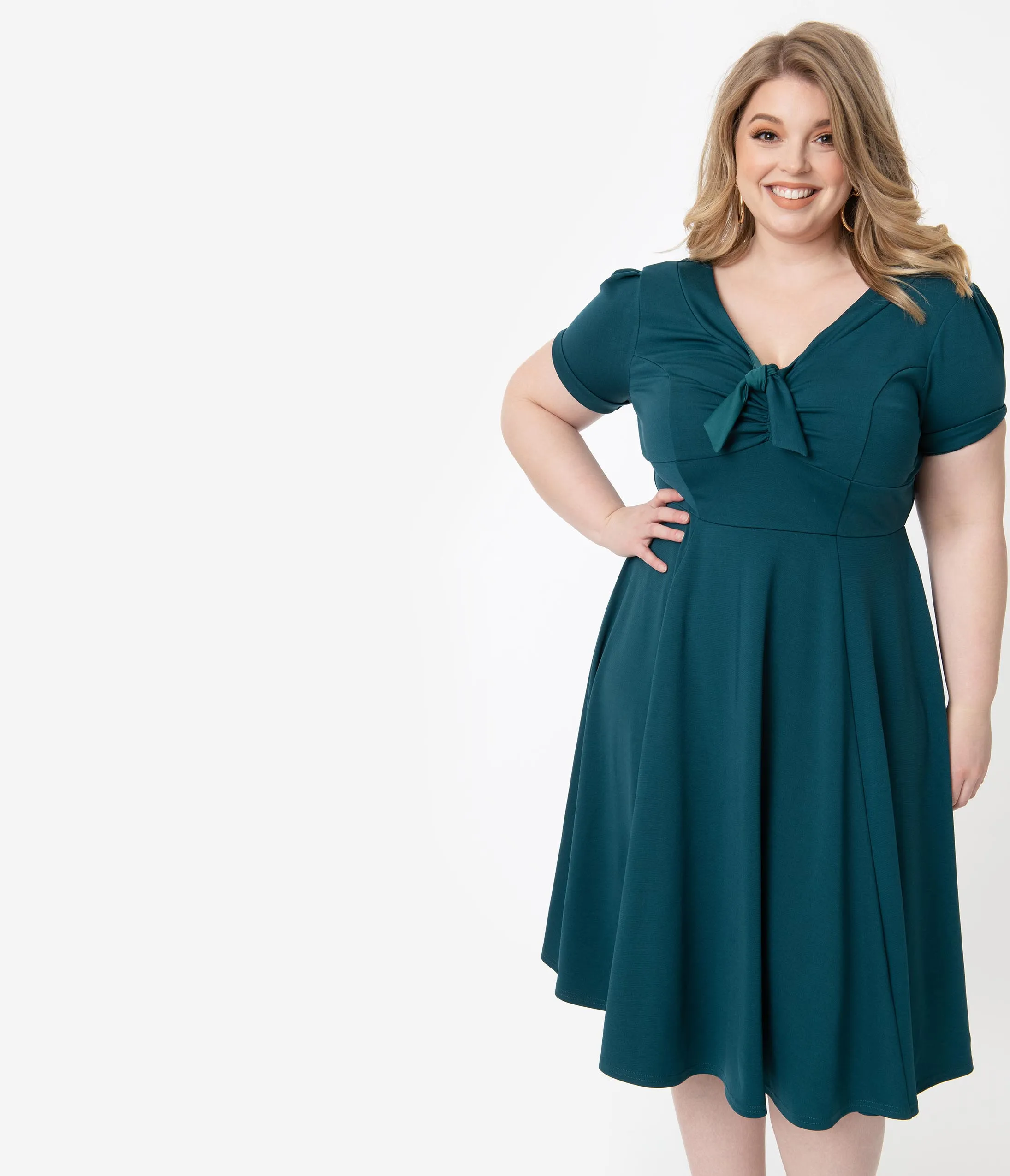 Unique Vintage Plus Size 1940s Style Teal Natalie Swing Dress