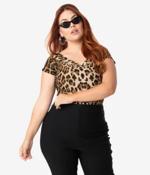 Unique Vintage Plus Size 1950s Style Leopard Print Stretch Knit Deena Top