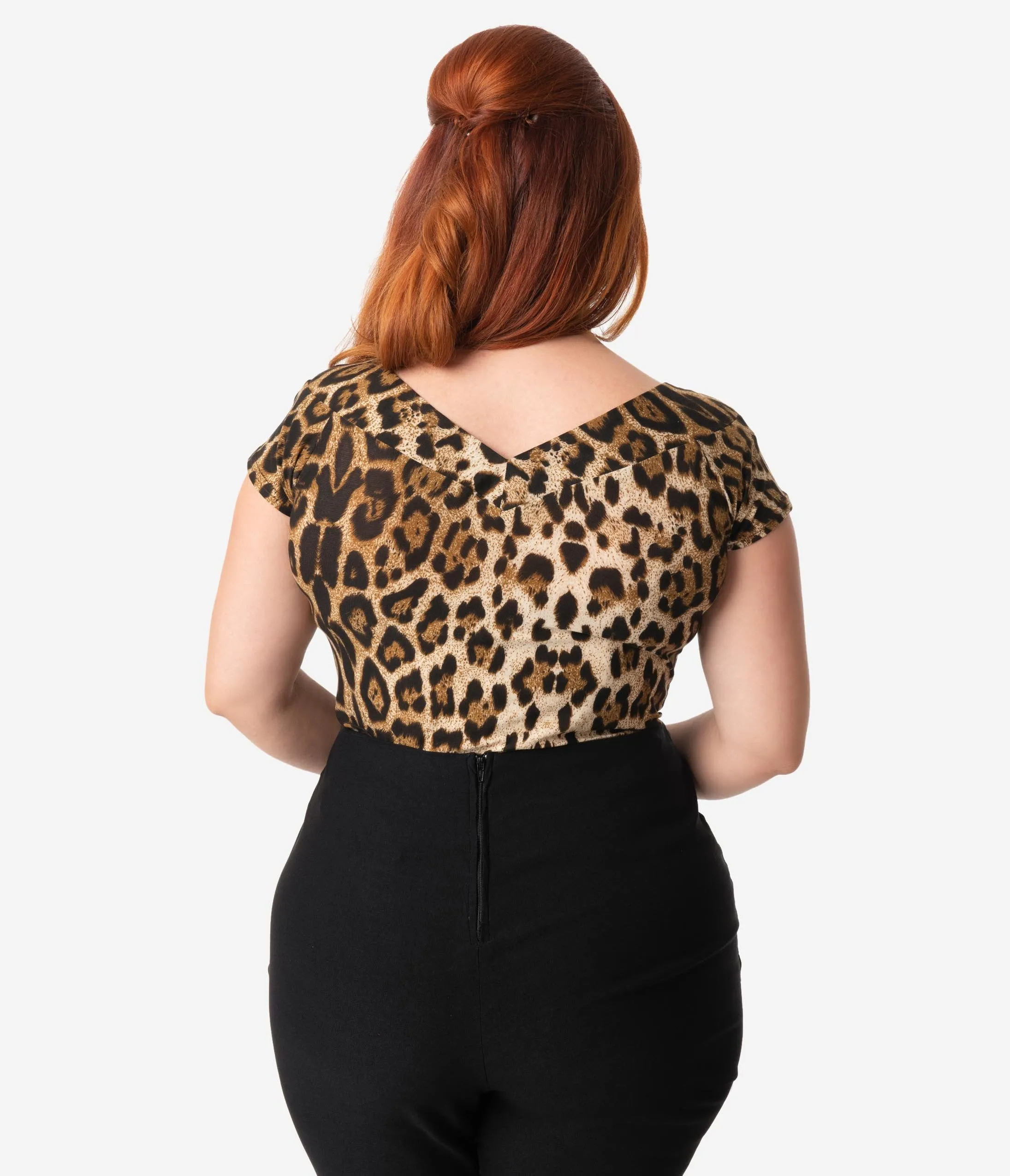 Unique Vintage Plus Size 1950s Style Leopard Print Stretch Knit Deena Top