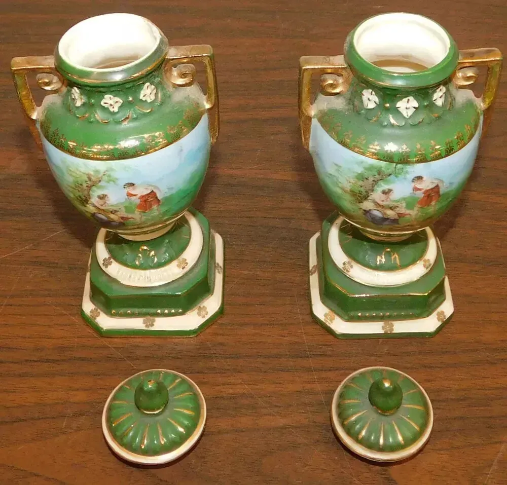 Urns, Paint Decorated, Czechoslovakia, Covered, Rest'ed Tops, Pair, Early 1900s!