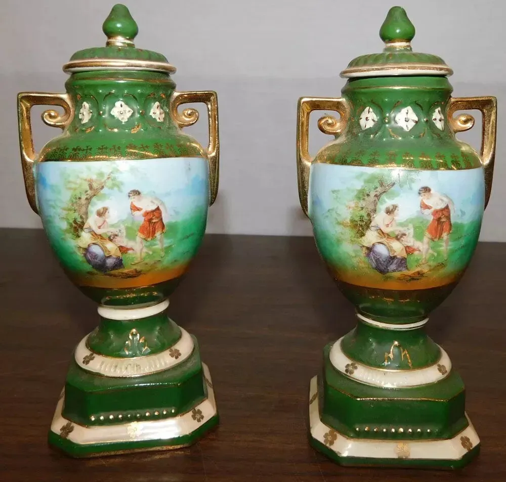 Urns, Paint Decorated, Czechoslovakia, Covered, Rest'ed Tops, Pair, Early 1900s!