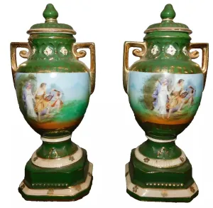 Urns, Pair, Paint Decorated Czechoslovakia, Covered, Green, Restored Tops, Decor