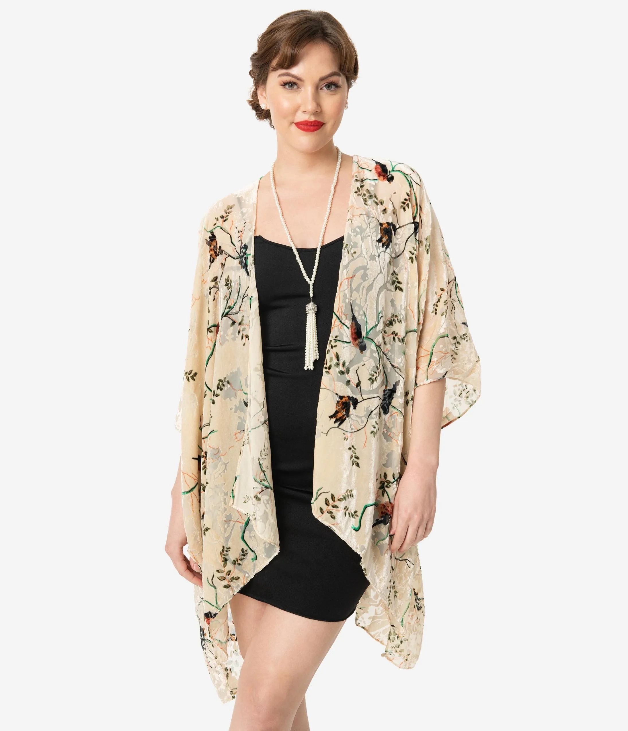 Vintage Style Beige & Multi Bird Devore Velvet Kimono