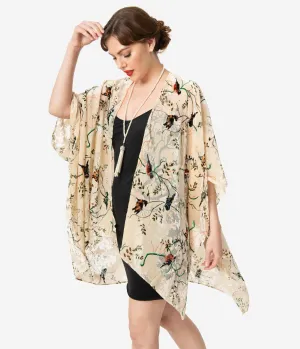 Vintage Style Beige & Multi Bird Devore Velvet Kimono