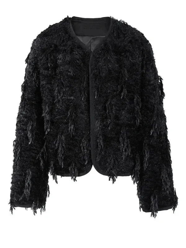 Wenkouban-Winter outfits Christmas Black Friday O-Neck Fringed Thick Fuzzy Short Coat