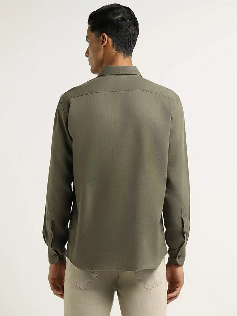 WES Casuals Olive Relaxed Fit Blended Linen Shirt