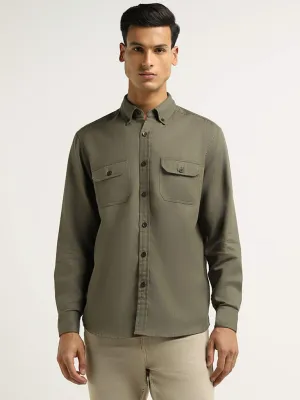 WES Casuals Olive Relaxed Fit Blended Linen Shirt