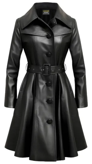 Women Black Real Long Leather Coat