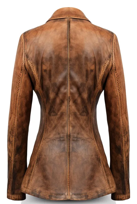 Women Designer Brown Waxed Leather Blazer