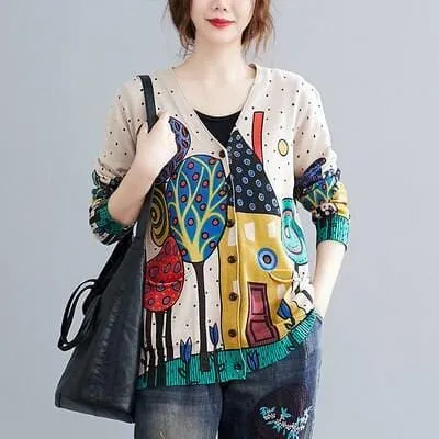 Women  Vintage Style Printed V-neck Loose Cardigan Coats