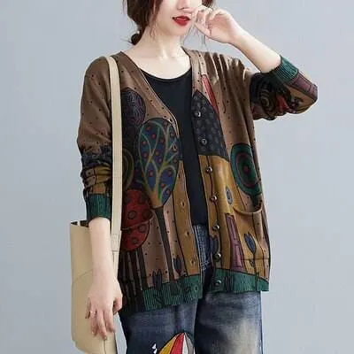 Women  Vintage Style Printed V-neck Loose Cardigan Coats