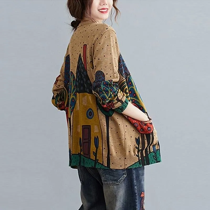 Women  Vintage Style Printed V-neck Loose Cardigan Coats