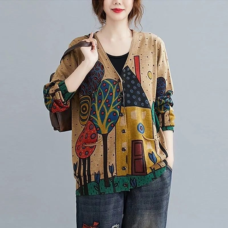 Women  Vintage Style Printed V-neck Loose Cardigan Coats