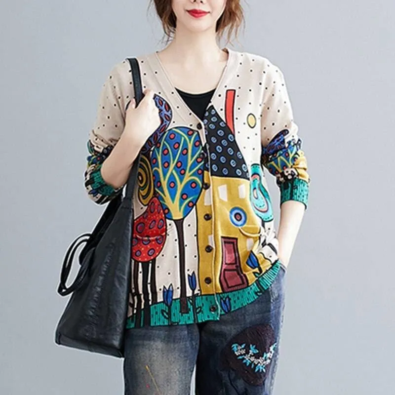 Women  Vintage Style Printed V-neck Loose Cardigan Coats