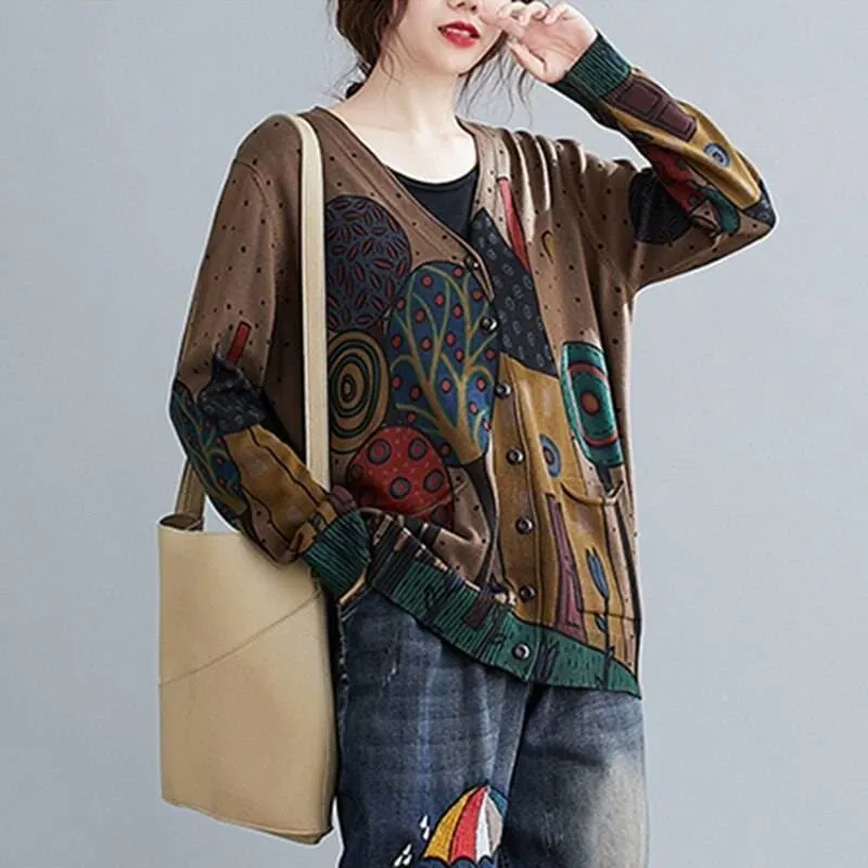 Women  Vintage Style Printed V-neck Loose Cardigan Coats