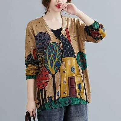 Women  Vintage Style Printed V-neck Loose Cardigan Coats