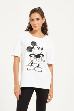 Women White Mickey Mouse Embellished T-Shirt