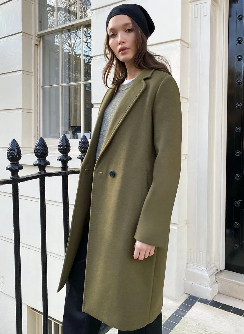 Women Wool Long Coat Green & Camel Color Style