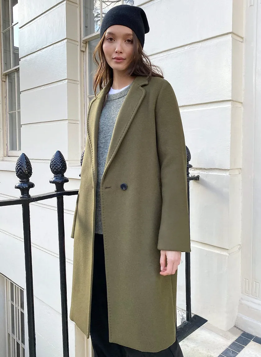 Women Wool Long Coat Green & Camel Color Style